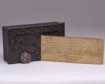 An ornately carved mulberry relic box, purportedly from the wood&hellip;