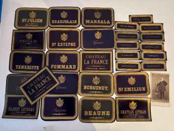 Forty-five French wine labels & a carte-de-visite of a wine producer.