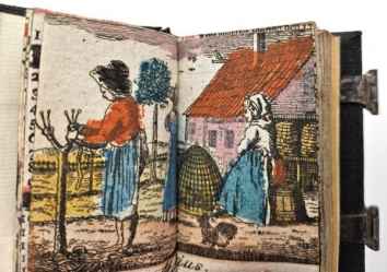 Rare Almanac with 12 folding coloured woodcut illustrations for each month.