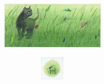 [Original painting:] [Kitten in grass & Decorated initial ‘H’.]