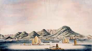 Watercolour view of Hong Kong Island from the Harbour.